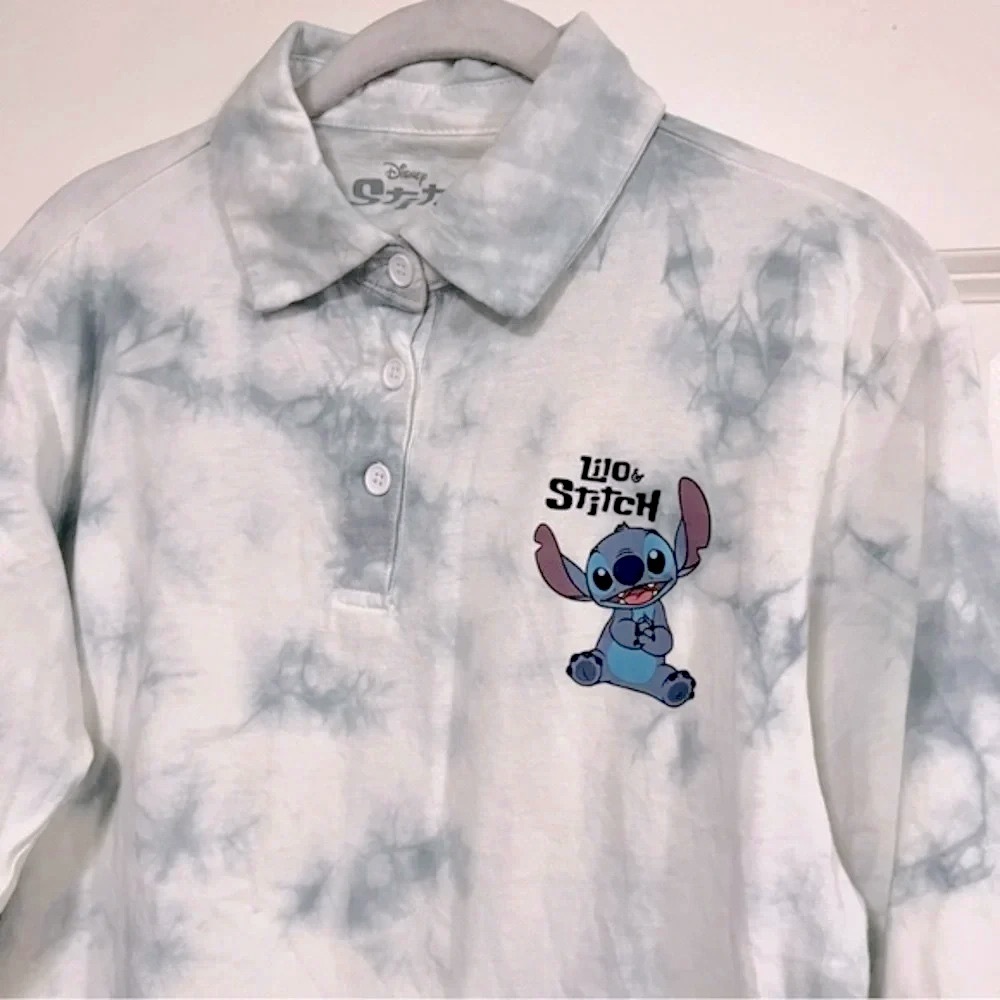 New Disney Stitch Junior Tie Dye Long Sleeve Collar Lounge Pajama Top Medium